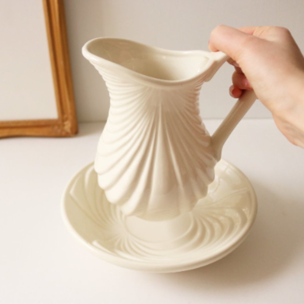 Vintage Art Deco Revival Pitcher / Wash Basin - 1980s Pleated Draping White Cera